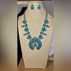 Squash Blossom Necklace and Earrings Set turquoise colored stones